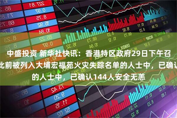 中盛投资 新华社快讯：香港特区政府29日下午召开记者会宣布，此前被列入大埔宏福苑火灾失踪名单的人士中，已确认144人安全无恙